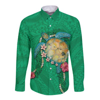Hawaii Pikake and Maile Lei Long Sleeve Button Shirt Honu Polynesian Pattern Green Color