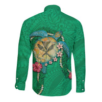 Hawaii Pikake and Maile Lei Long Sleeve Button Shirt Honu Polynesian Pattern Green Color