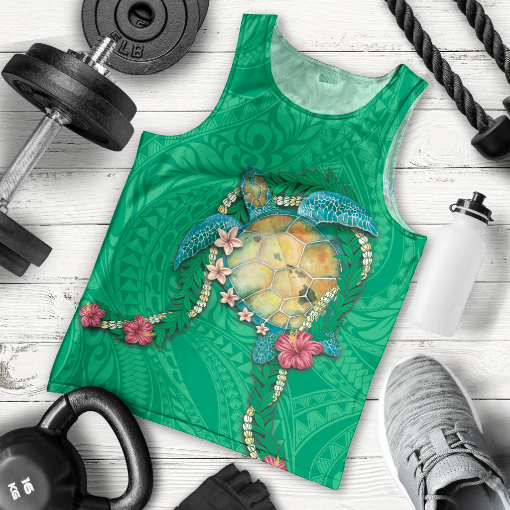 Hawaii Pikake and Maile Lei Men Tank Top Honu Polynesian Pattern Green Color