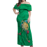 Hawaii Pikake and Maile Lei Off Shoulder Maxi Dress Honu Polynesian Pattern Green Color