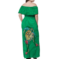 Hawaii Pikake and Maile Lei Off Shoulder Maxi Dress Honu Polynesian Pattern Green Color