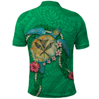 Hawaii Pikake and Maile Lei Polo Shirt Honu Polynesian Pattern Green Color