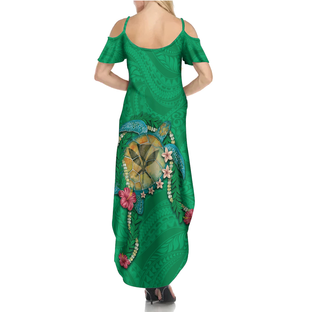 Hawaii Pikake and Maile Lei Summer Maxi Dress Honu Polynesian Pattern Green Color