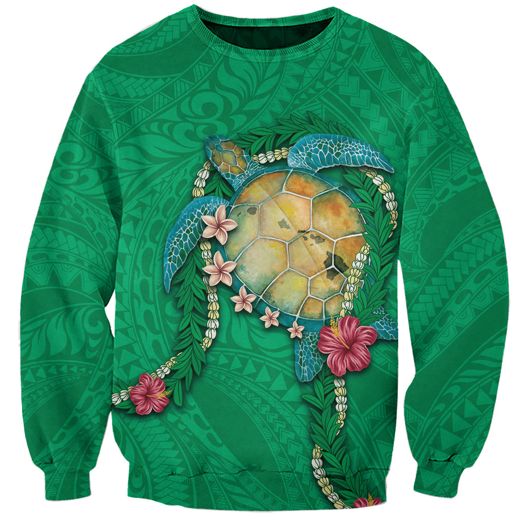 Hawaii Pikake and Maile Lei Sweatshirt Honu Polynesian Pattern Green Color