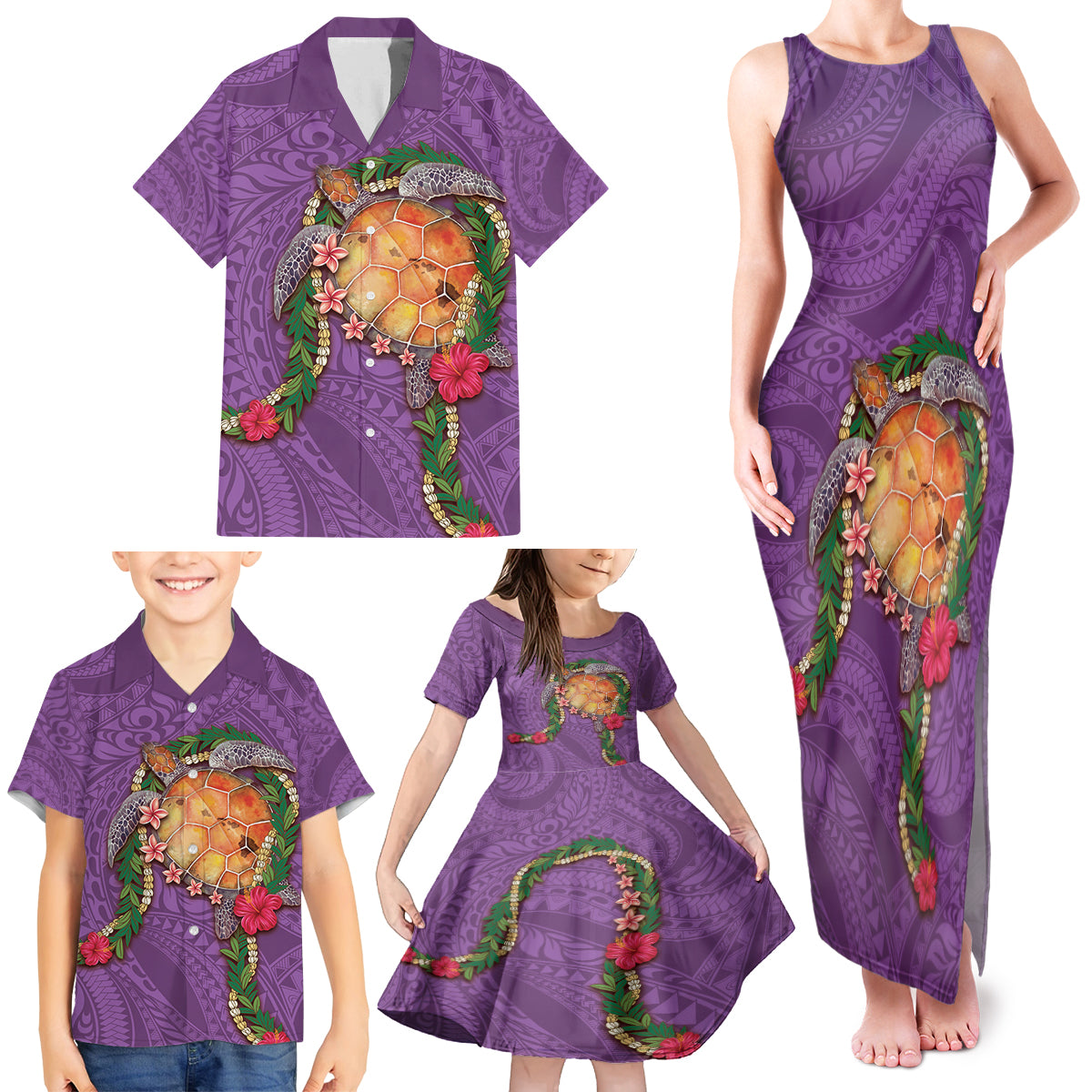 Hawaii Pikake and Maile Lei Family Matching Tank Maxi Dress and Hawaiian Shirt Honu Polynesian Pattern Pink Color