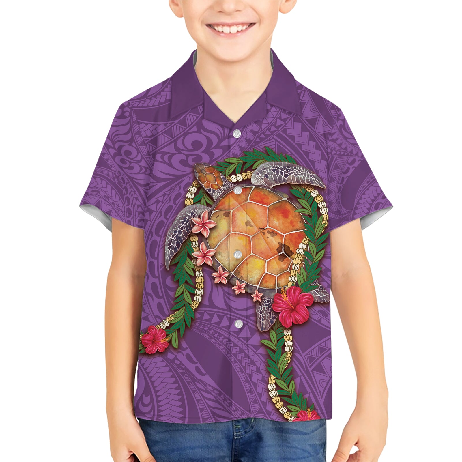 Hawaii Pikake and Maile Lei Kid Hawaiian Shirt Honu Polynesian Pattern Pink Color