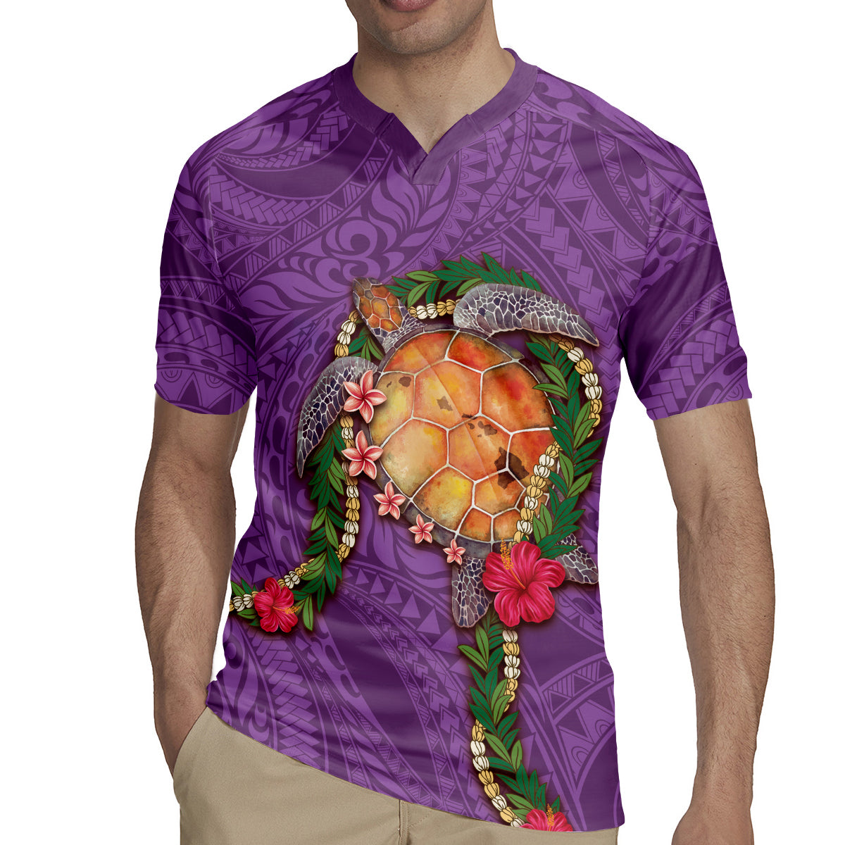 Hawaii Pikake and Maile Lei Rugby Jersey Honu Polynesian Pattern Pink Color