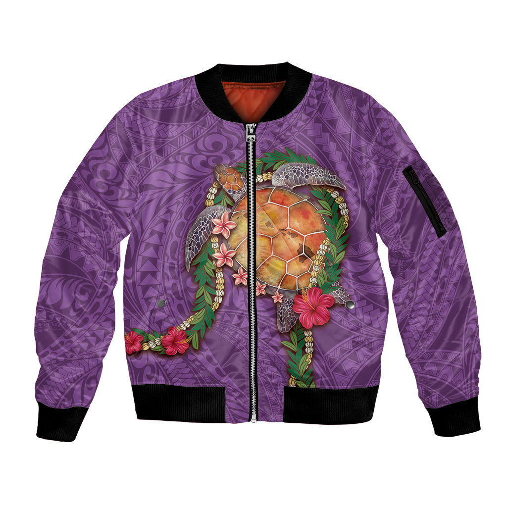 Hawaii Pikake and Maile Lei Sleeve Zip Bomber Jacket Honu Polynesian Pattern Pink Color