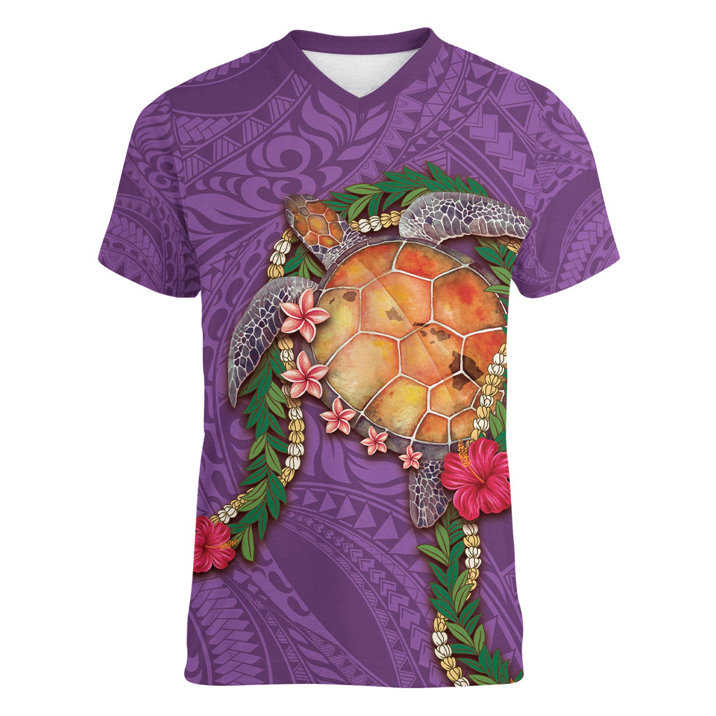 Hawaii Pikake and Maile Lei Women V-Neck T-Shirt Honu Polynesian Pattern Pink Color