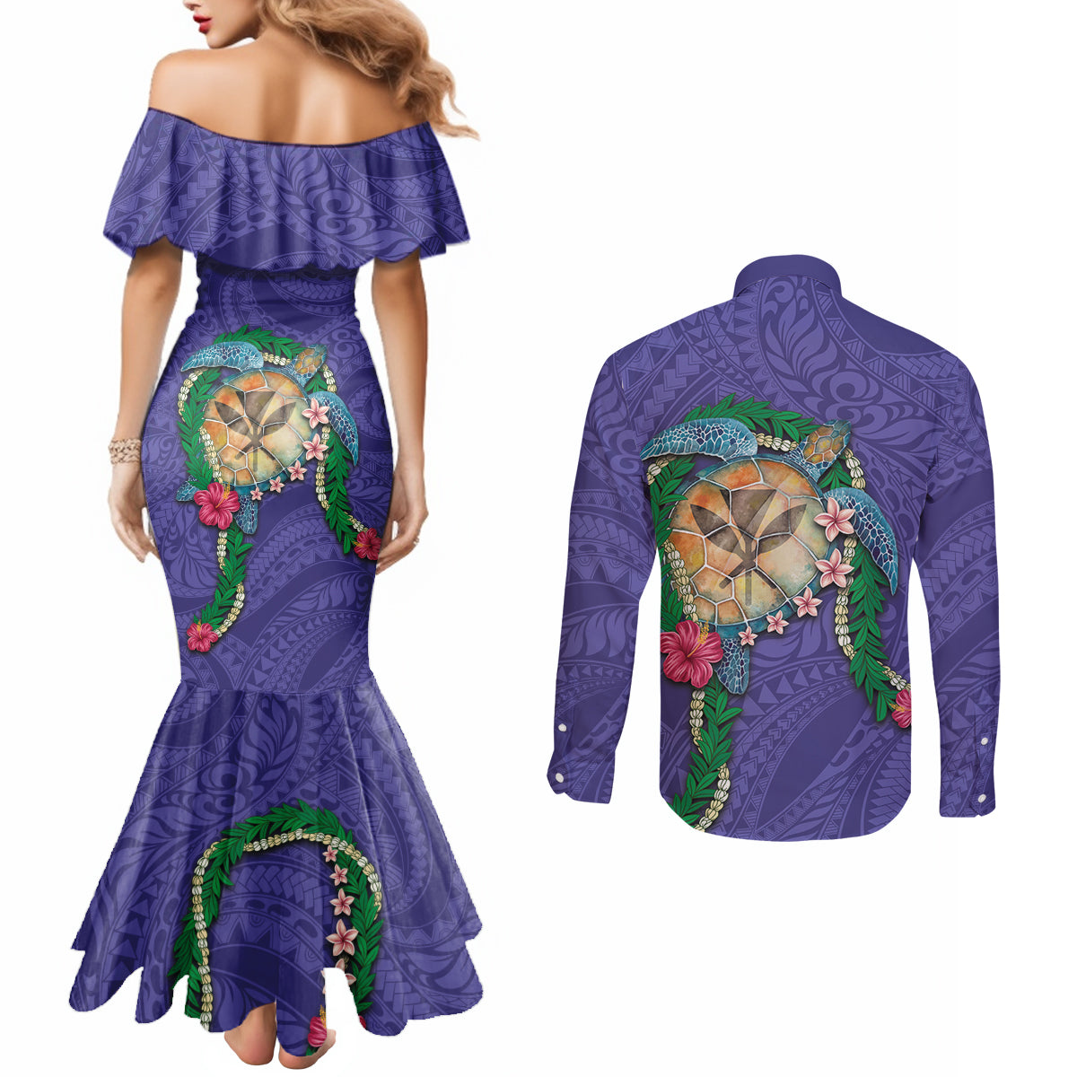 Hawaii Pikake and Maile Lei Couples Matching Mermaid Dress and Long Sleeve Button Shirt Honu Polynesian Pattern Purple Color