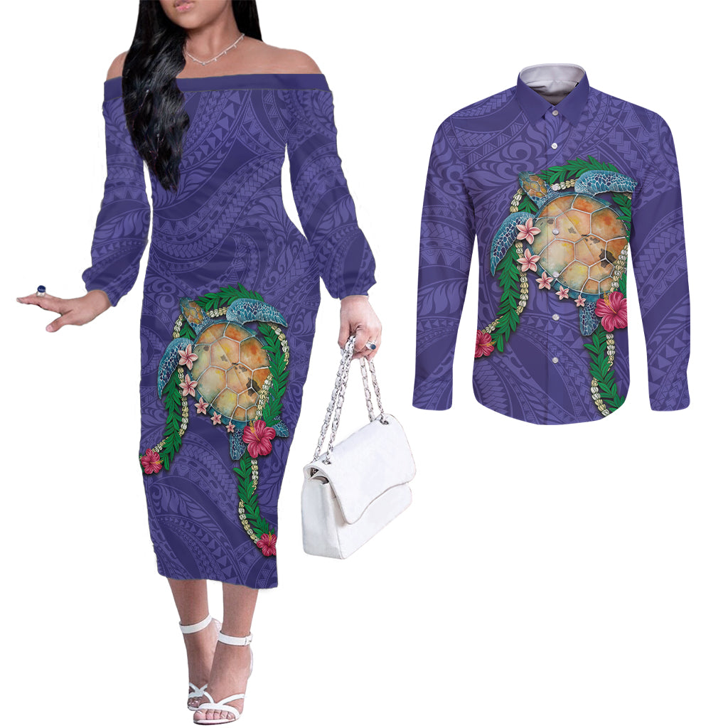 Hawaii Pikake and Maile Lei Couples Matching Off The Shoulder Long Sleeve Dress and Long Sleeve Button Shirt Honu Polynesian Pattern Purple Color