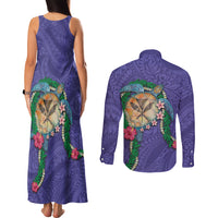 Hawaii Pikake and Maile Lei Couples Matching Tank Maxi Dress and Long Sleeve Button Shirt Honu Polynesian Pattern Purple Color