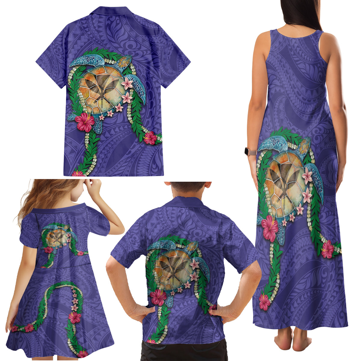 Hawaii Pikake and Maile Lei Family Matching Tank Maxi Dress and Hawaiian Shirt Honu Polynesian Pattern Purple Color