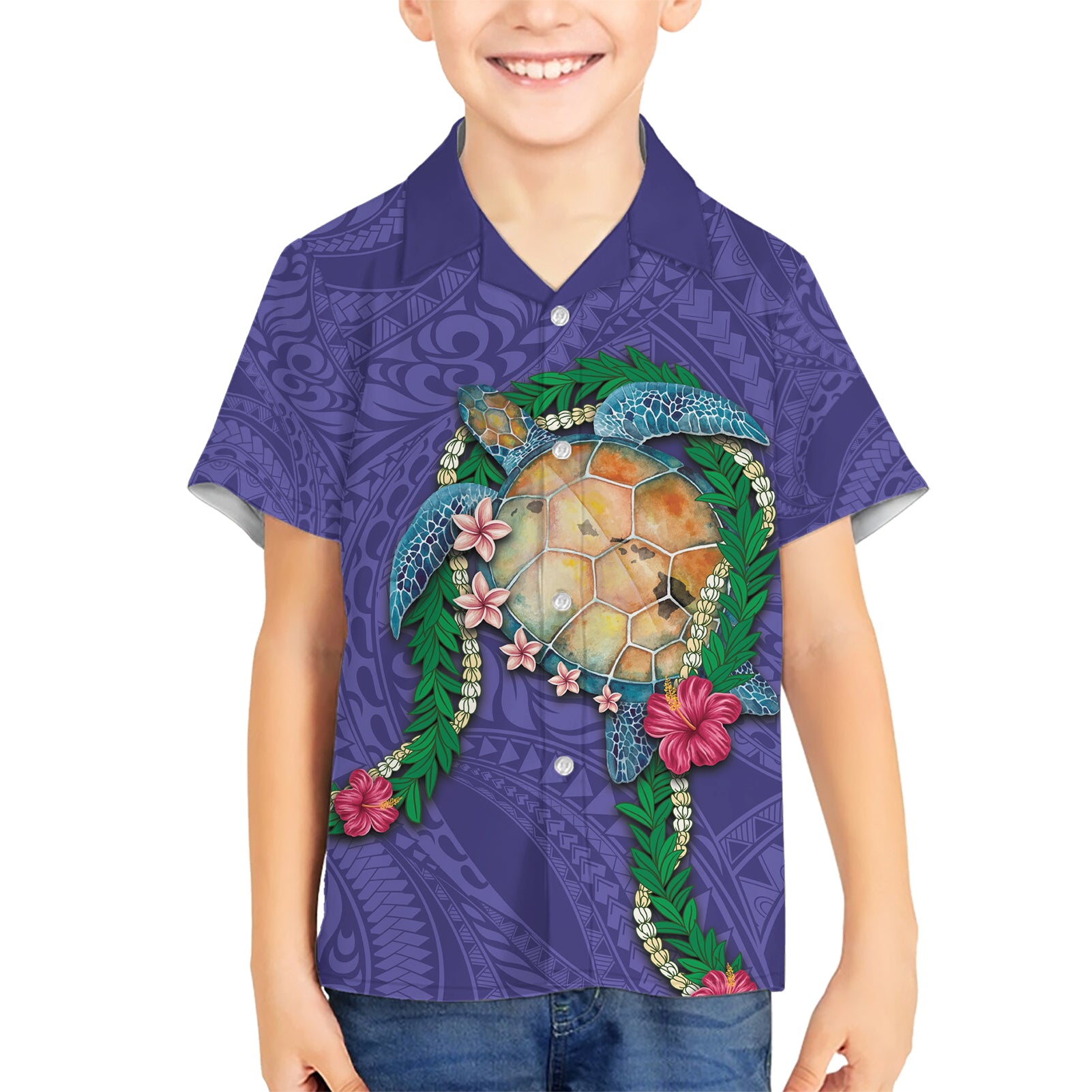 Hawaii Pikake and Maile Lei Kid Hawaiian Shirt Honu Polynesian Pattern Purple Color