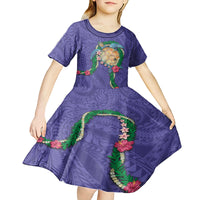 Hawaii Pikake and Maile Lei Kid Short Sleeve Dress Honu Polynesian Pattern Purple Color