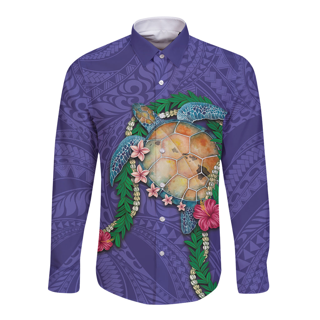 Hawaii Pikake and Maile Lei Long Sleeve Button Shirt Honu Polynesian Pattern Purple Color