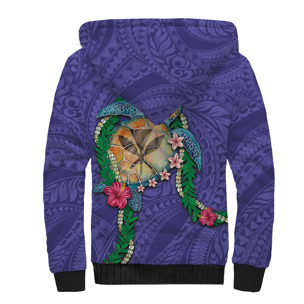 Hawaii Pikake and Maile Lei Sherpa Hoodie Honu Polynesian Pattern Purple Color