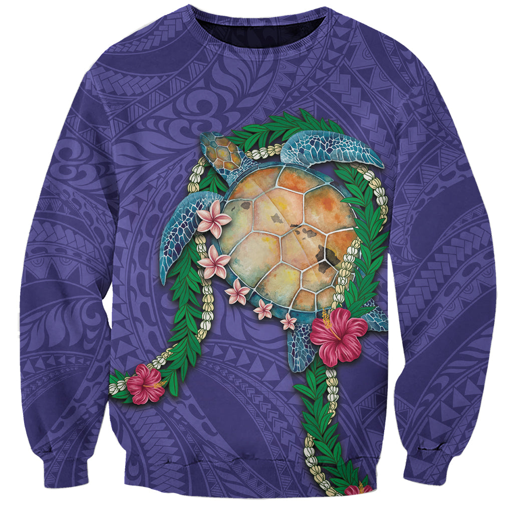 Hawaii Pikake and Maile Lei Sweatshirt Honu Polynesian Pattern Purple Color