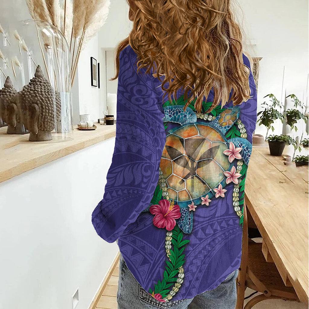 Hawaii Pikake and Maile Lei Women Casual Shirt Honu Polynesian Pattern Purple Color