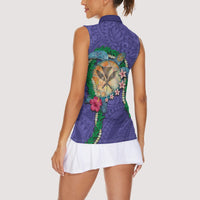 Hawaii Pikake and Maile Lei Women Sleeveless Polo Shirt Honu Polynesian Pattern Purple Color