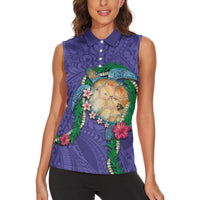 Hawaii Pikake and Maile Lei Women Sleeveless Polo Shirt Honu Polynesian Pattern Purple Color