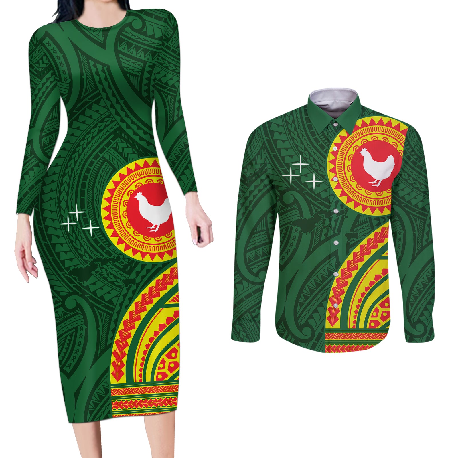 Manu'a Cession Day Couples Matching Long Sleeve Bodycon Dress and Long Sleeve Button Shirt Polynesian Pattern LT03 Green - Polynesian Pride