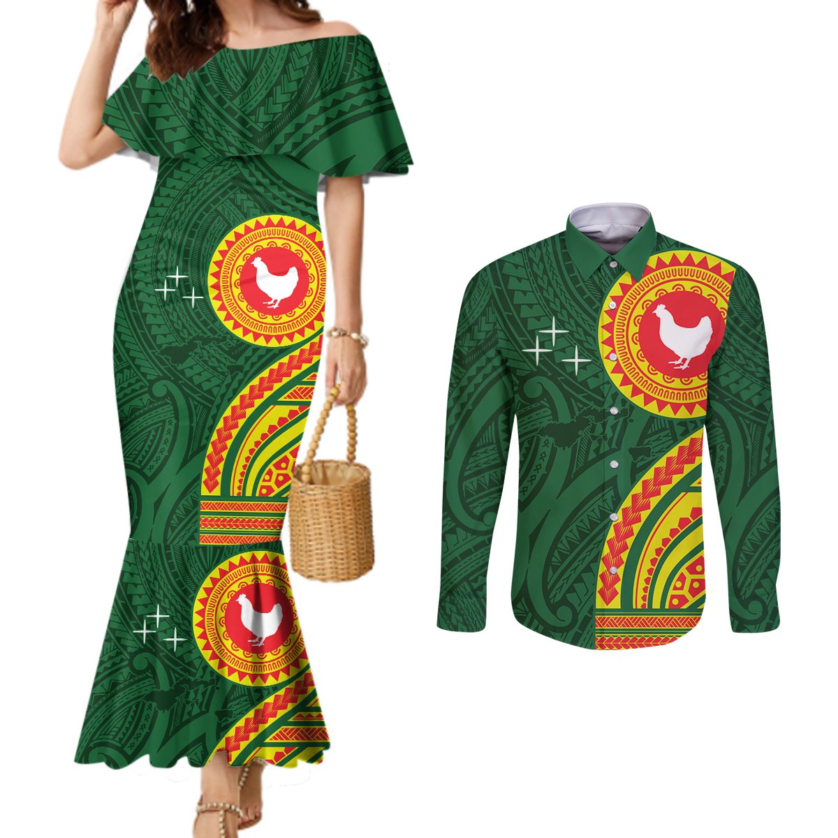 Manu'a Cession Day Couples Matching Mermaid Dress and Long Sleeve Button Shirt Polynesian Pattern LT03 Green - Polynesian Pride