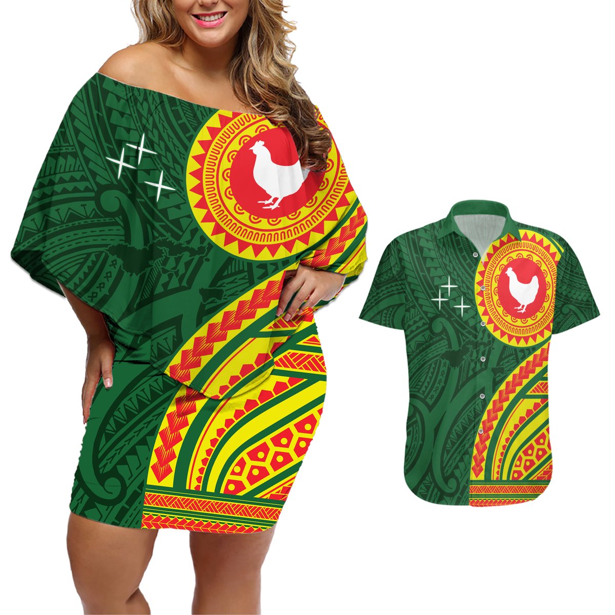 Manu'a Cession Day Couples Matching Off Shoulder Short Dress and Hawaiian Shirt Polynesian Pattern LT03 Green - Polynesian Pride