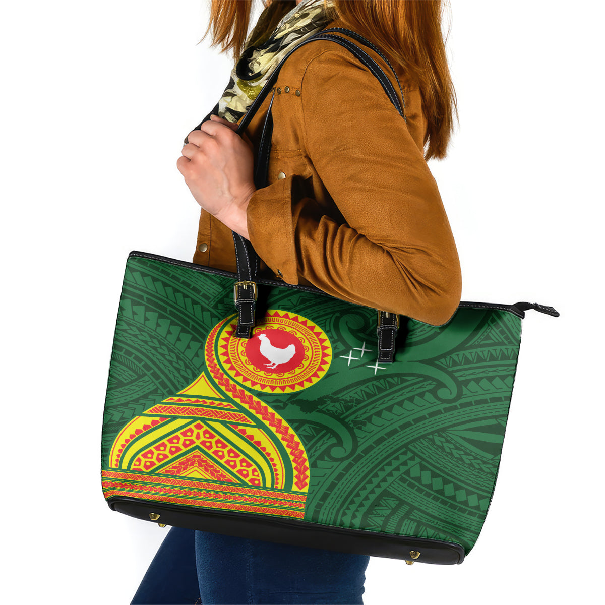 Manu'a Cession Day Leather Tote Bag Polynesian Pattern LT03 Green - Polynesian Pride
