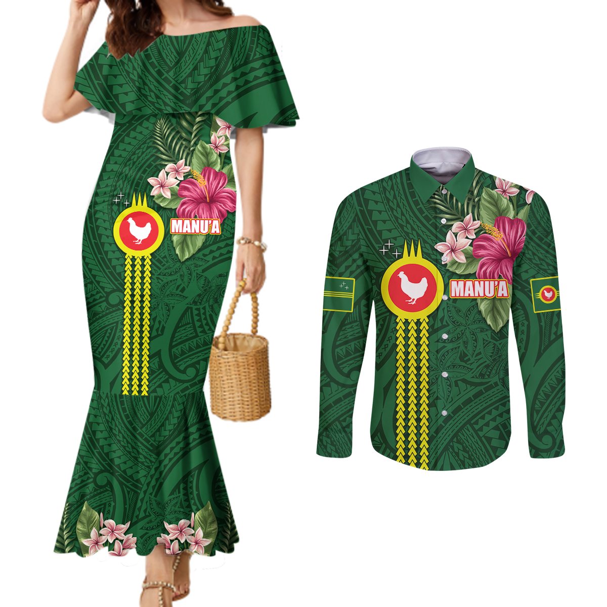 Manu'a Cession Day 120th Anniversary Couples Matching Mermaid Dress and Long Sleeve Button Shirt Polynesian Pattern and Hibiscus Flower LT03 Green - Polynesian Pride