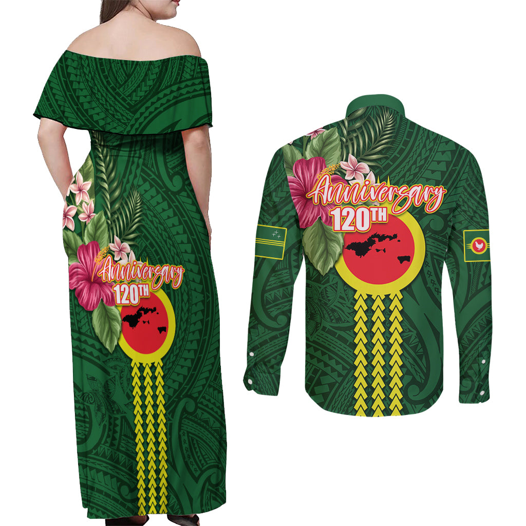 Manu'a Cession Day 120th Anniversary Couples Matching Off Shoulder Maxi Dress and Long Sleeve Button Shirt Polynesian Pattern and Hibiscus Flower