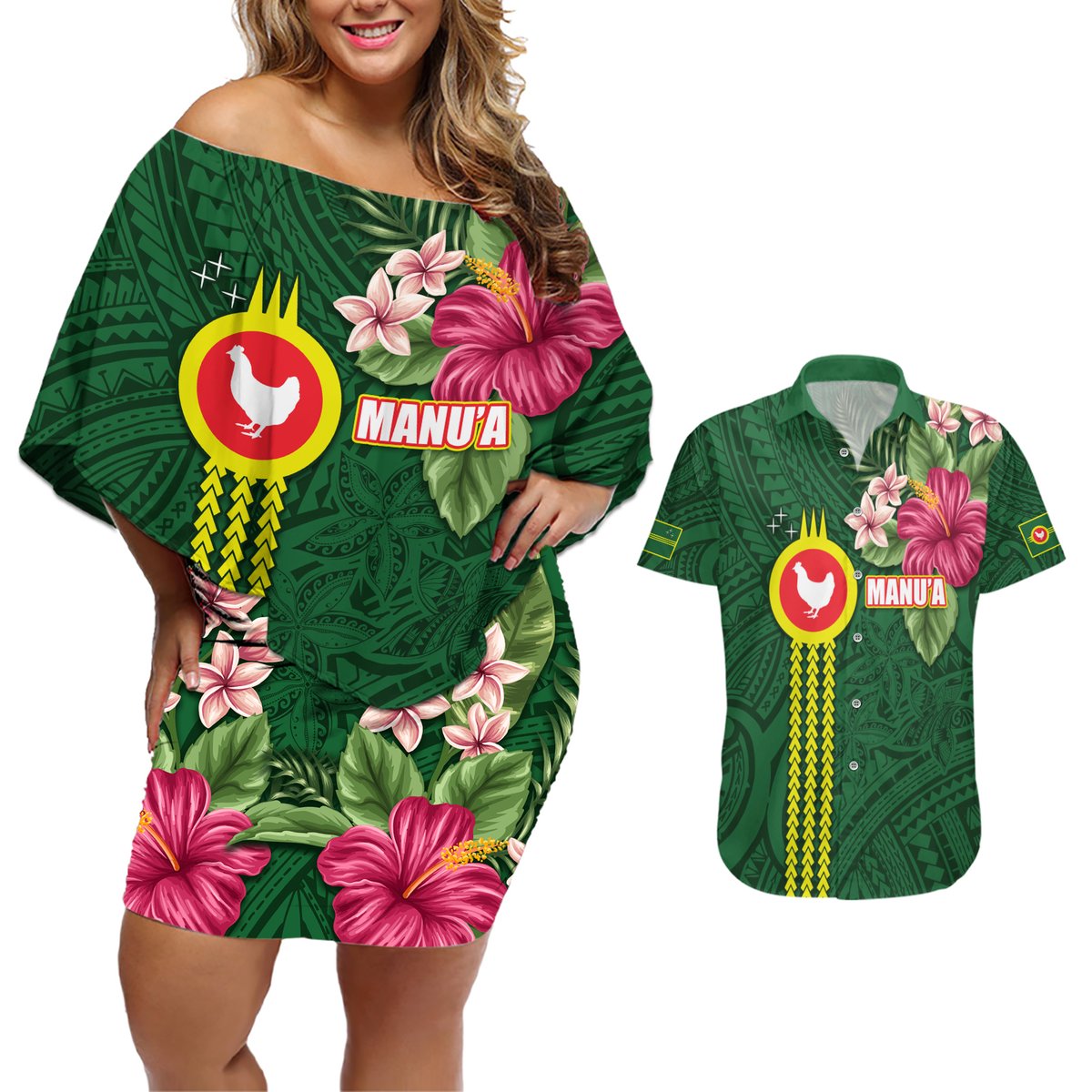 Manu'a Cession Day 120th Anniversary Couples Matching Off Shoulder Short Dress and Hawaiian Shirt Polynesian Pattern and Hibiscus Flower LT03 Green - Polynesian Pride