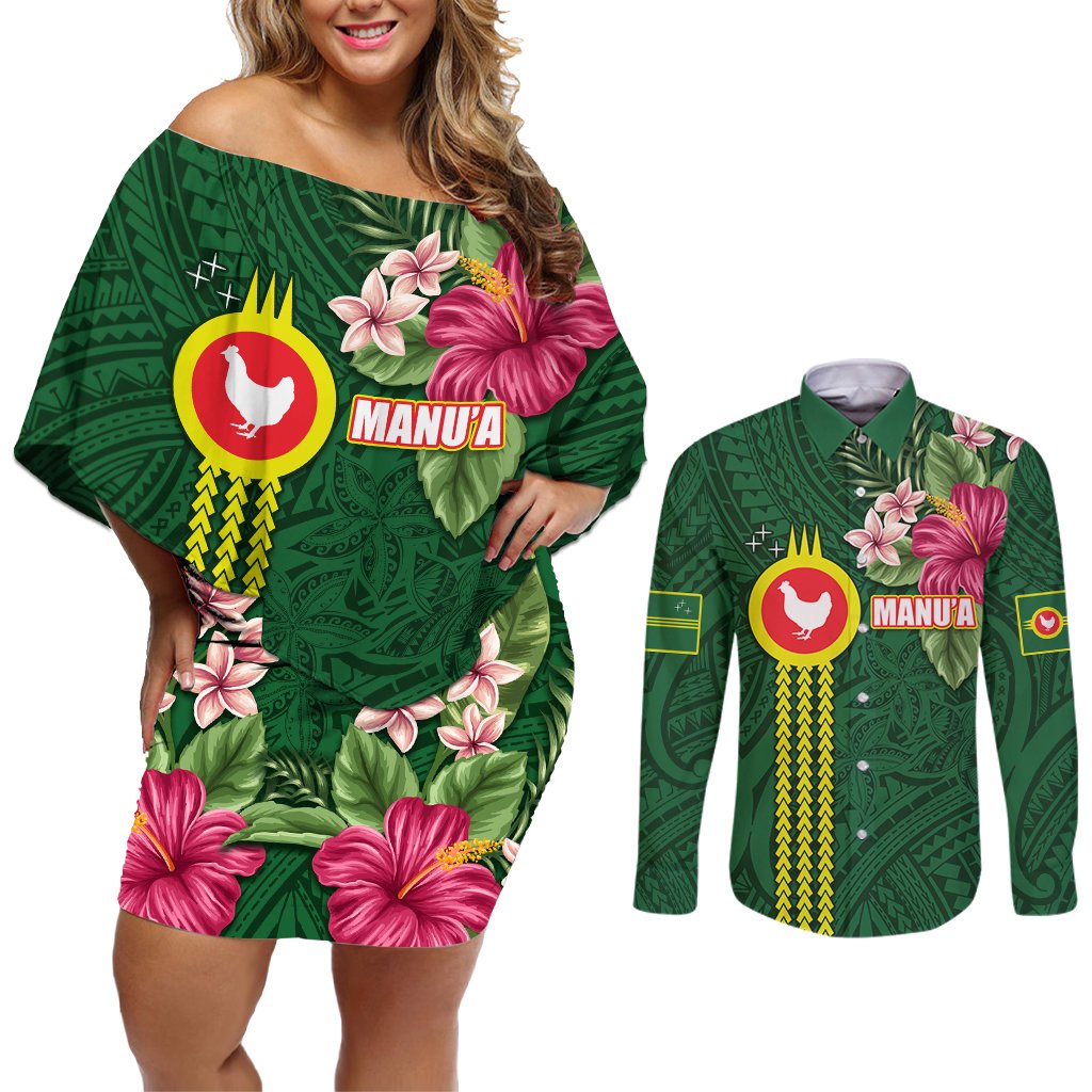 Manu'a Cession Day 120th Anniversary Couples Matching Off Shoulder Short Dress and Long Sleeve Button Shirt Polynesian Pattern and Hibiscus Flower LT03 Green - Polynesian Pride