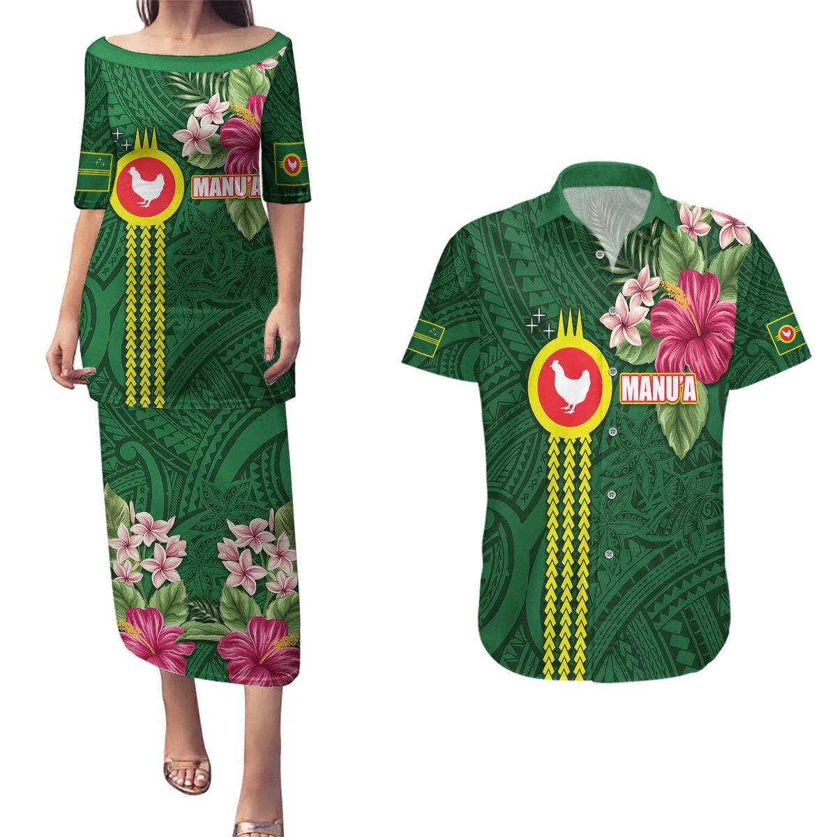 Manu'a Cession Day 120th Anniversary Couples Matching Puletasi and Hawaiian Shirt Polynesian Pattern and Hibiscus Flower LT03 Green - Polynesian Pride