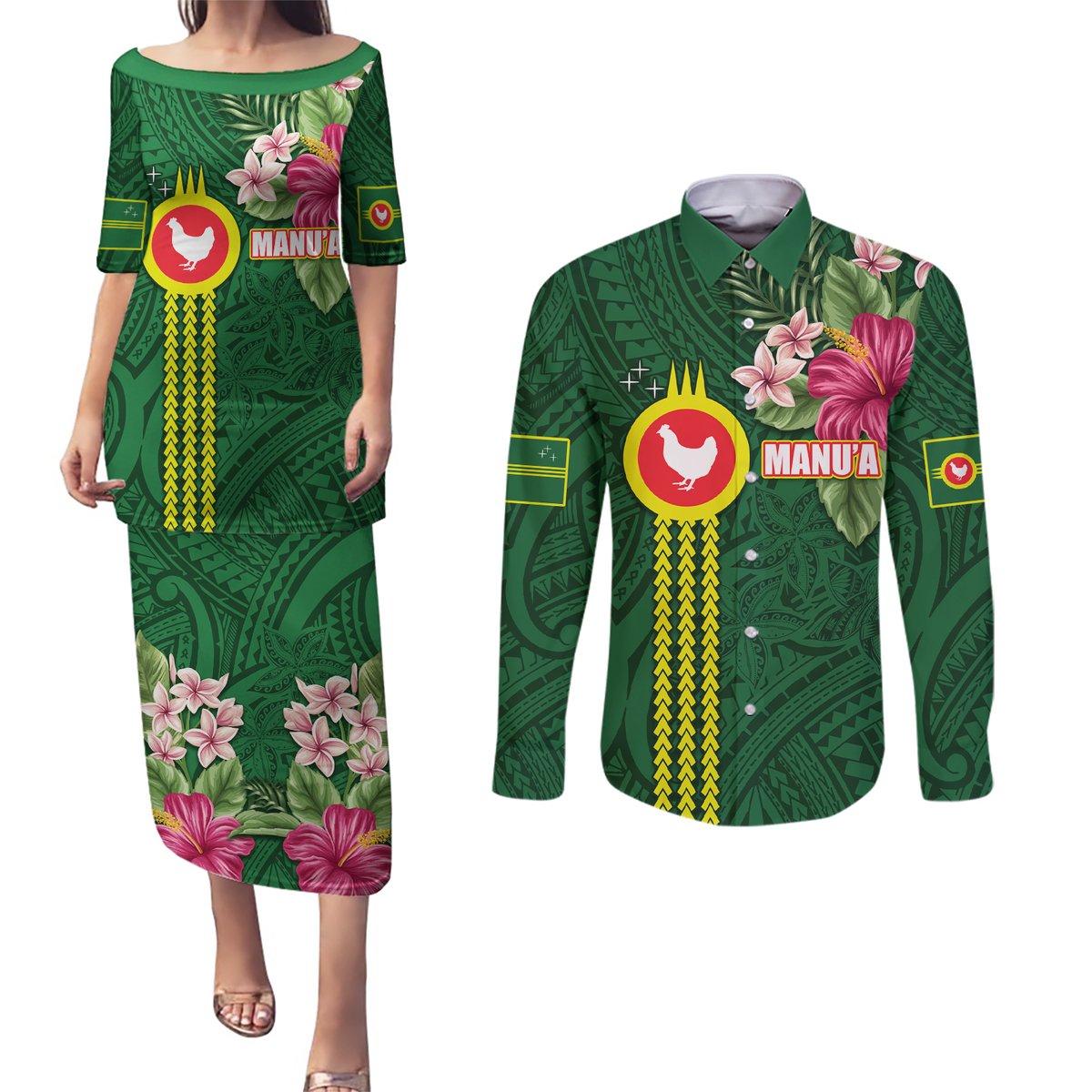 Manu'a Cession Day 120th Anniversary Couples Matching Puletasi and Long Sleeve Button Shirt Polynesian Pattern and Hibiscus Flower LT03 Green - Polynesian Pride