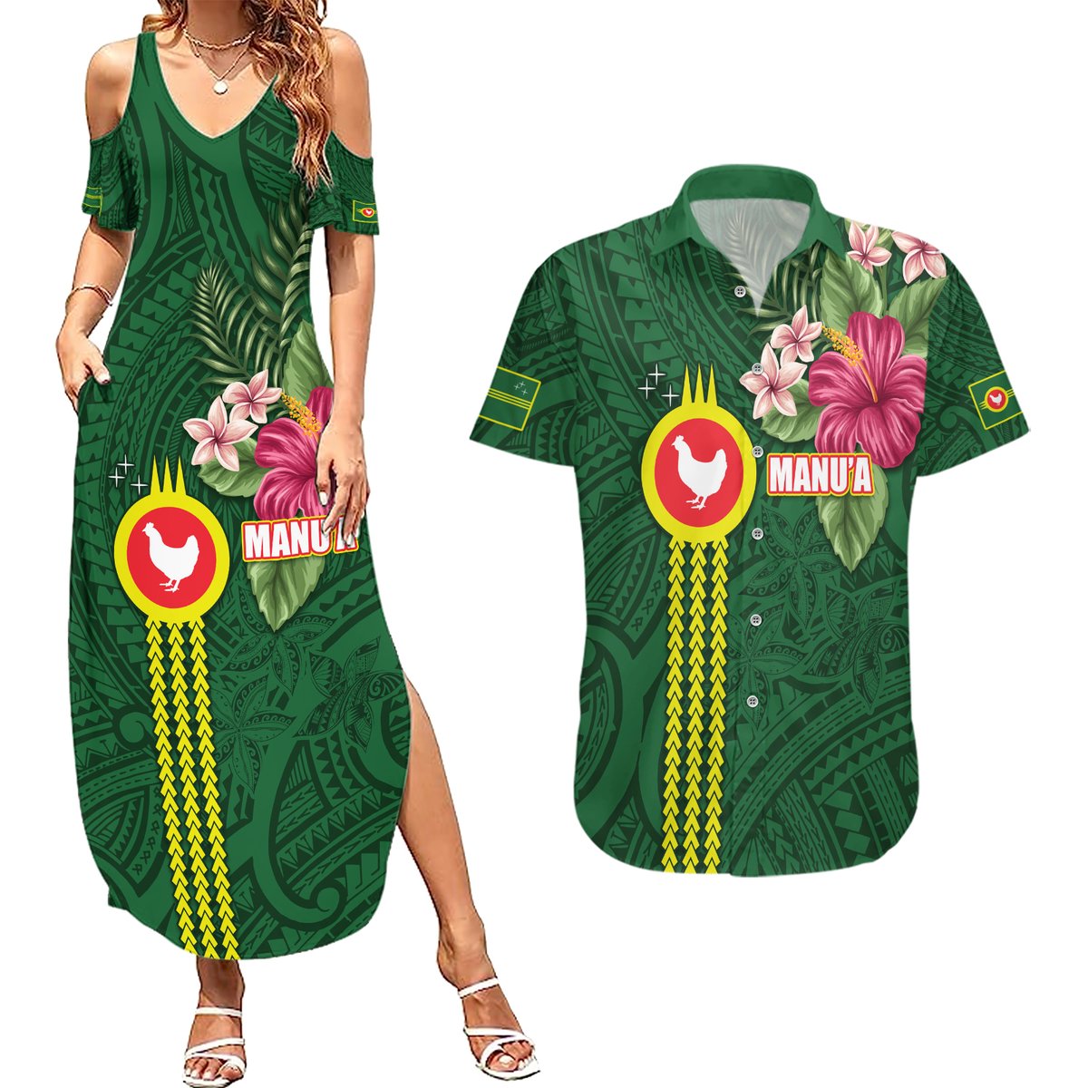 Manu'a Cession Day 120th Anniversary Couples Matching Summer Maxi Dress and Hawaiian Shirt Polynesian Pattern and Hibiscus Flower LT03 Green - Polynesian Pride