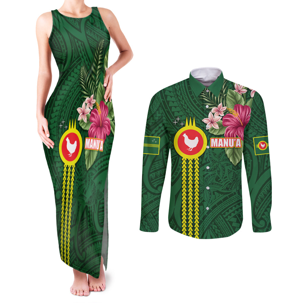 Manu'a Cession Day 120th Anniversary Couples Matching Tank Maxi Dress and Long Sleeve Button Shirt Polynesian Pattern and Hibiscus Flower LT03 Green - Polynesian Pride