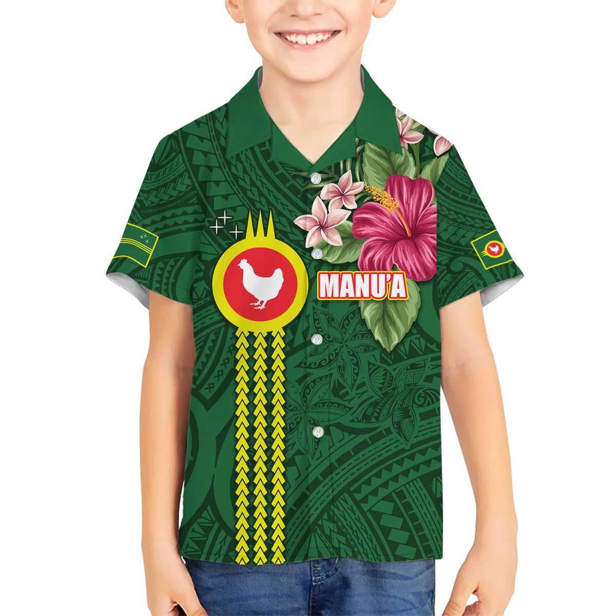 Manu'a Cession Day 120th Anniversary Kid Hawaiian Shirt Polynesian Pattern and Hibiscus Flower