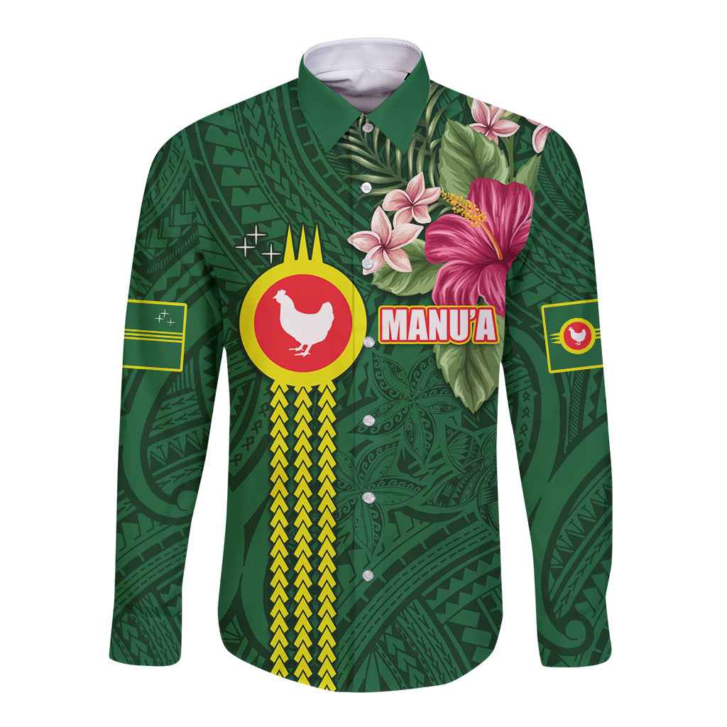 Manu'a Cession Day 120th Anniversary Long Sleeve Button Shirt Polynesian Pattern and Hibiscus Flower