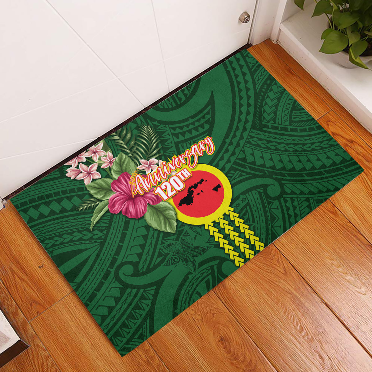 Manu'a Cession Day 120th Anniversary Rubber Doormat Polynesian Pattern and Hibiscus Flower LT03 Green - Polynesian Pride