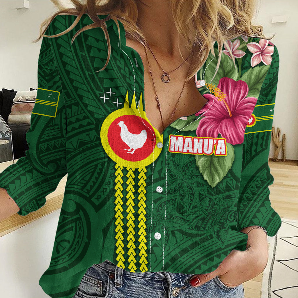 Manu'a Cession Day 120th Anniversary Women Casual Shirt Polynesian Pattern and Hibiscus Flower LT03 Female Green - Polynesian Pride
