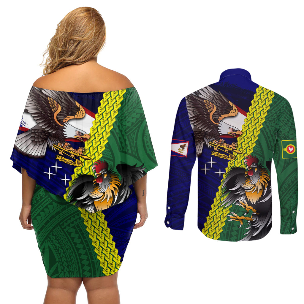 Manu'a Island and American Samoa Couples Matching Off Shoulder Short Dress and Long Sleeve Button Shirt Rooster and Eagle Mascot