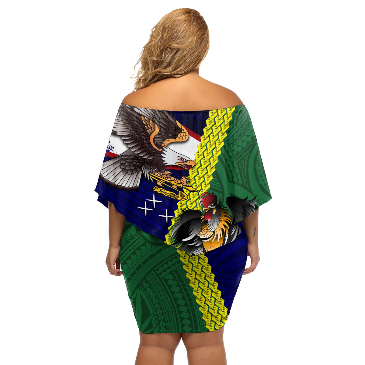 Manu'a Island and American Samoa Off Shoulder Short Dress Rooster and Eagle Mascot