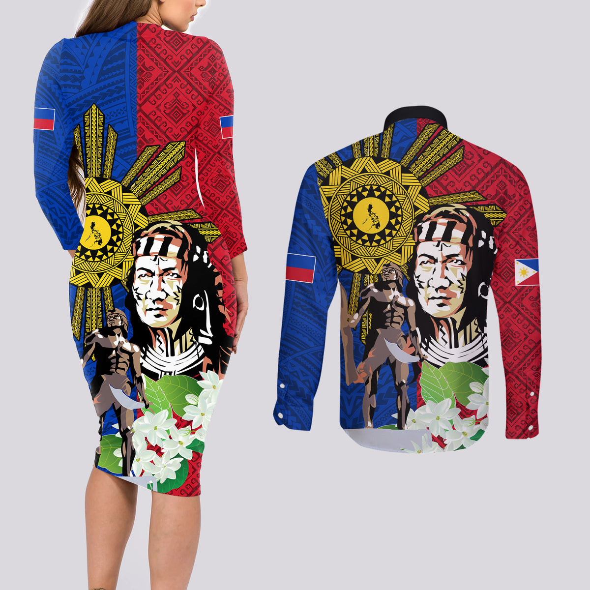 Philippines Lapu-Lapu Couples Matching Long Sleeve Bodycon Dress and Long Sleeve Button Shirt Filipino Sun Tattoo With Yakan Pattern