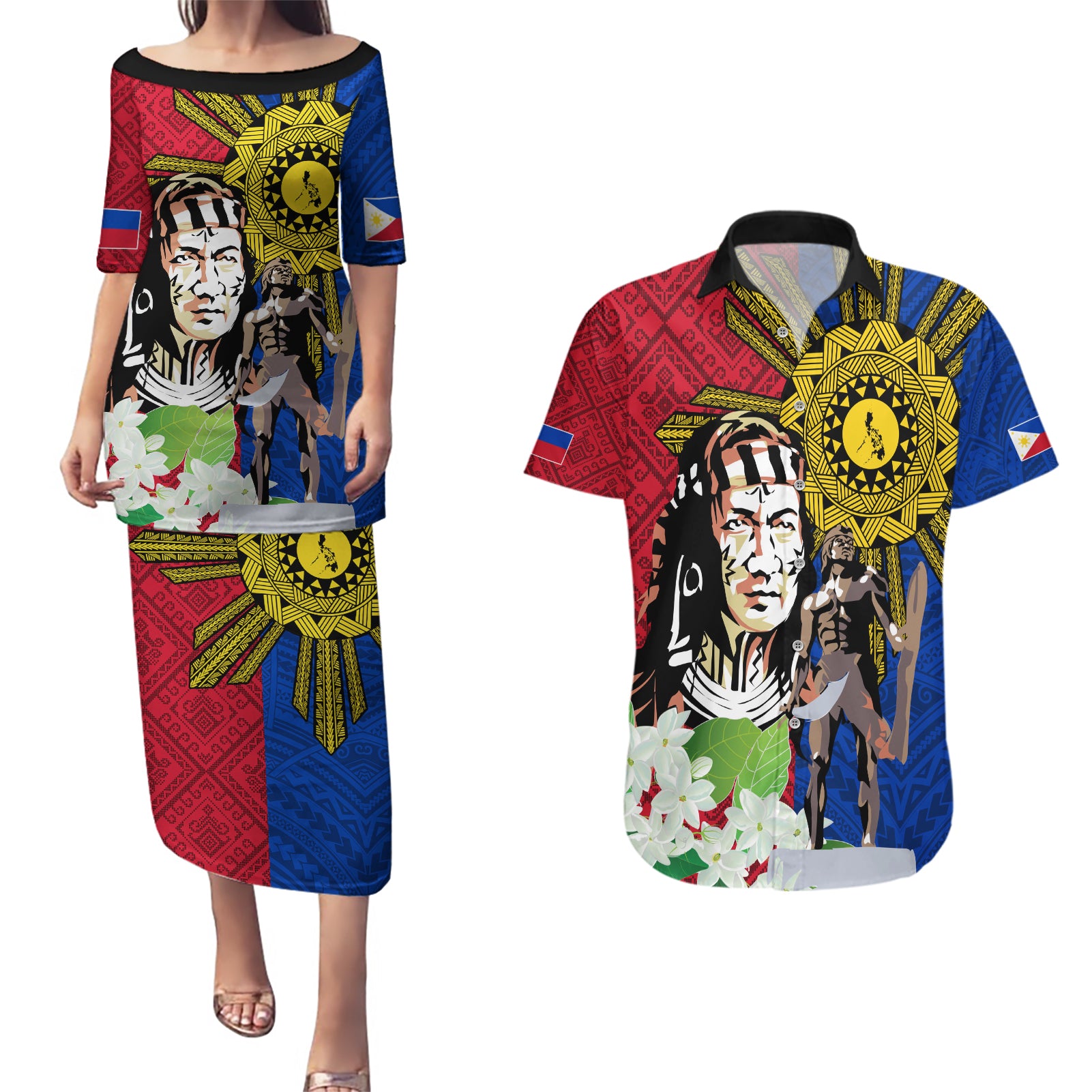 Philippines Lapu-Lapu Couples Matching Puletasi and Hawaiian Shirt Filipino Sun Tattoo With Yakan Pattern