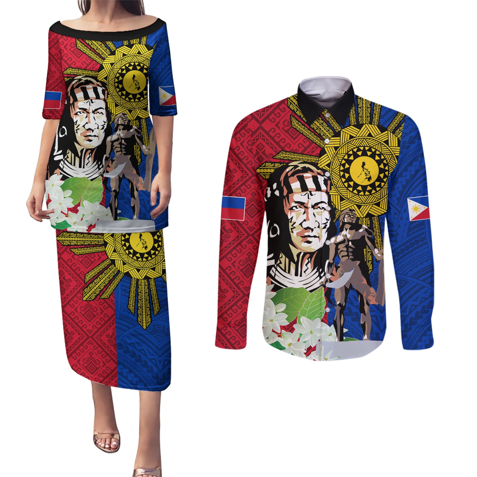 Philippines Lapu-Lapu Couples Matching Puletasi and Long Sleeve Button Shirt Filipino Sun Tattoo With Yakan Pattern