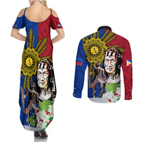Philippines Lapu-Lapu Couples Matching Summer Maxi Dress and Long Sleeve Button Shirt Filipino Sun Tattoo With Yakan Pattern