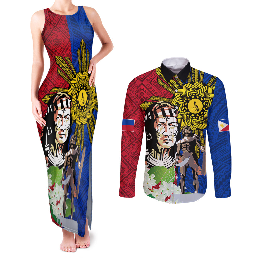 Philippines Lapu-Lapu Couples Matching Tank Maxi Dress and Long Sleeve Button Shirt Filipino Sun Tattoo With Yakan Pattern