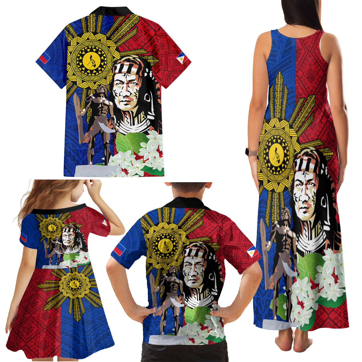 Philippines Lapu-Lapu Family Matching Tank Maxi Dress and Hawaiian Shirt Filipino Sun Tattoo With Yakan Pattern