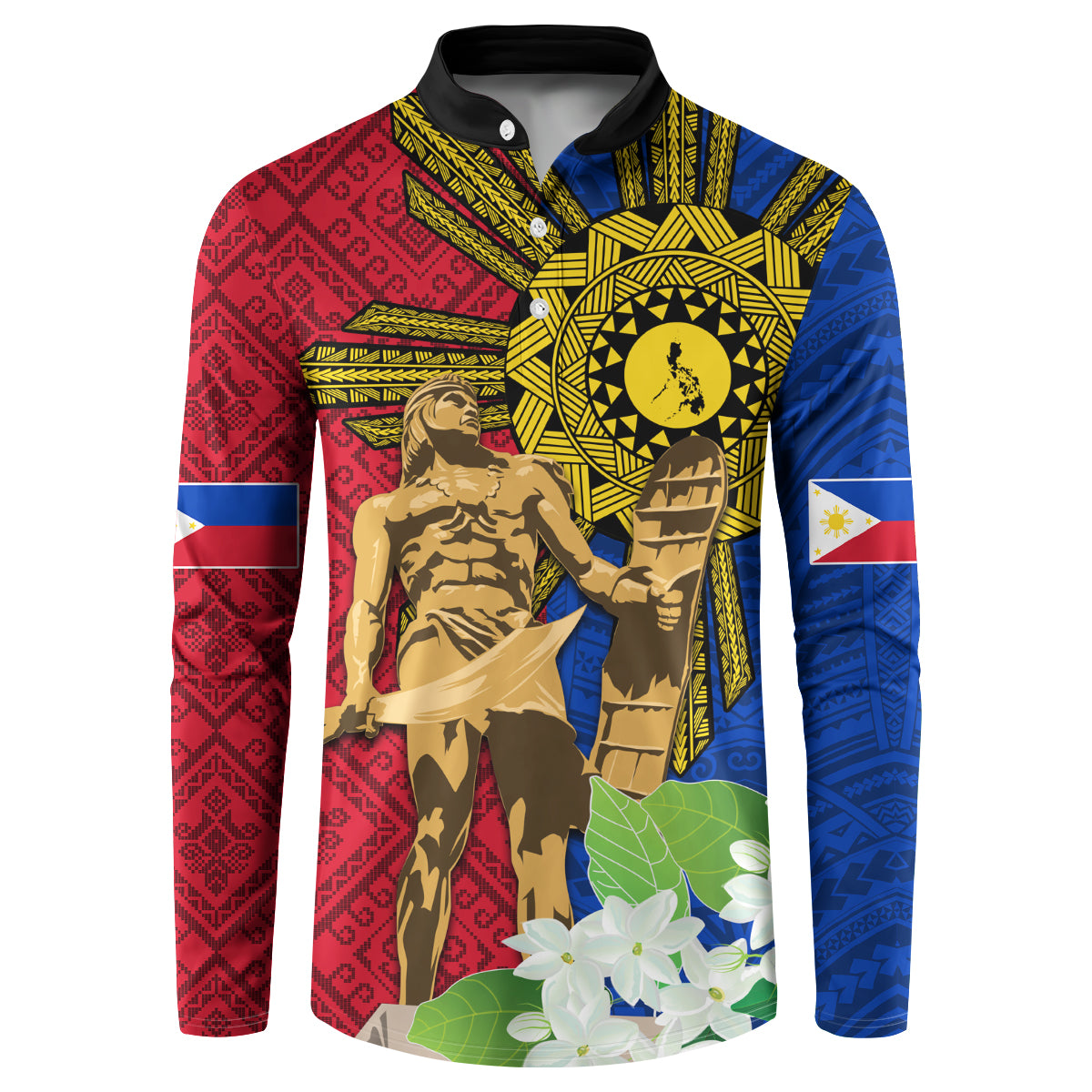 Philippines Lapu Lapu King Jasmine Flowers Button Sweatshirt Filipino Sun Tattoo